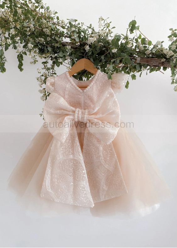 Beaded Champagne Lace Tulle V Back Cute Flower Girl Dress